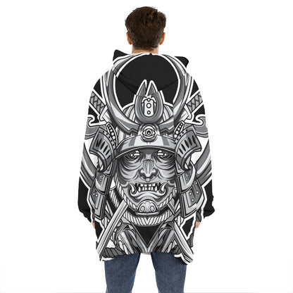Silver Samurai Mask Print Hoodie Blanket