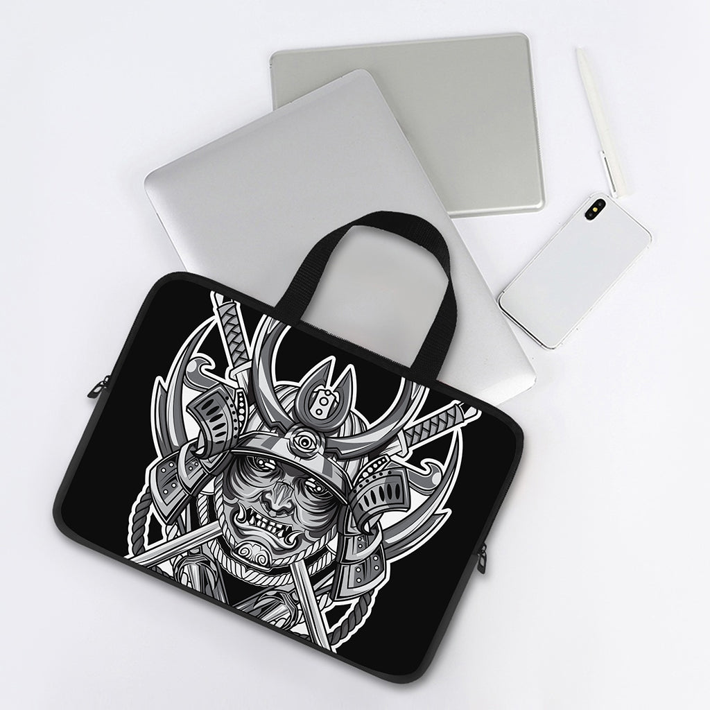 Silver Samurai Mask Print Laptop Sleeve With Handle