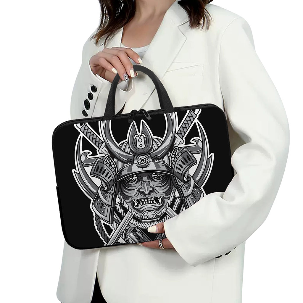 Silver Samurai Mask Print Laptop Sleeve With Handle