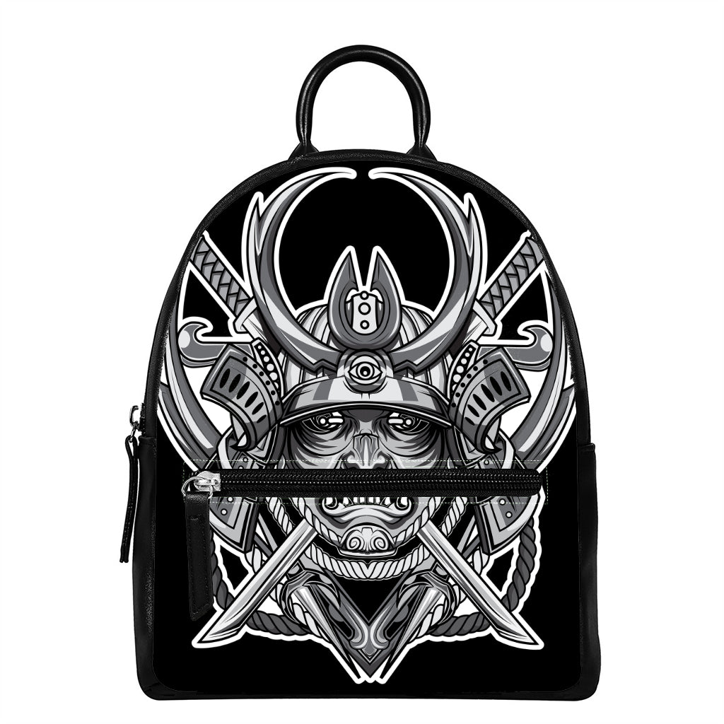 Silver Samurai Mask Print Leather Backpack