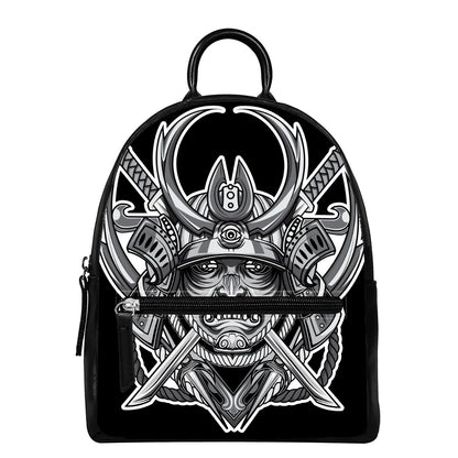 Silver Samurai Mask Print Leather Backpack
