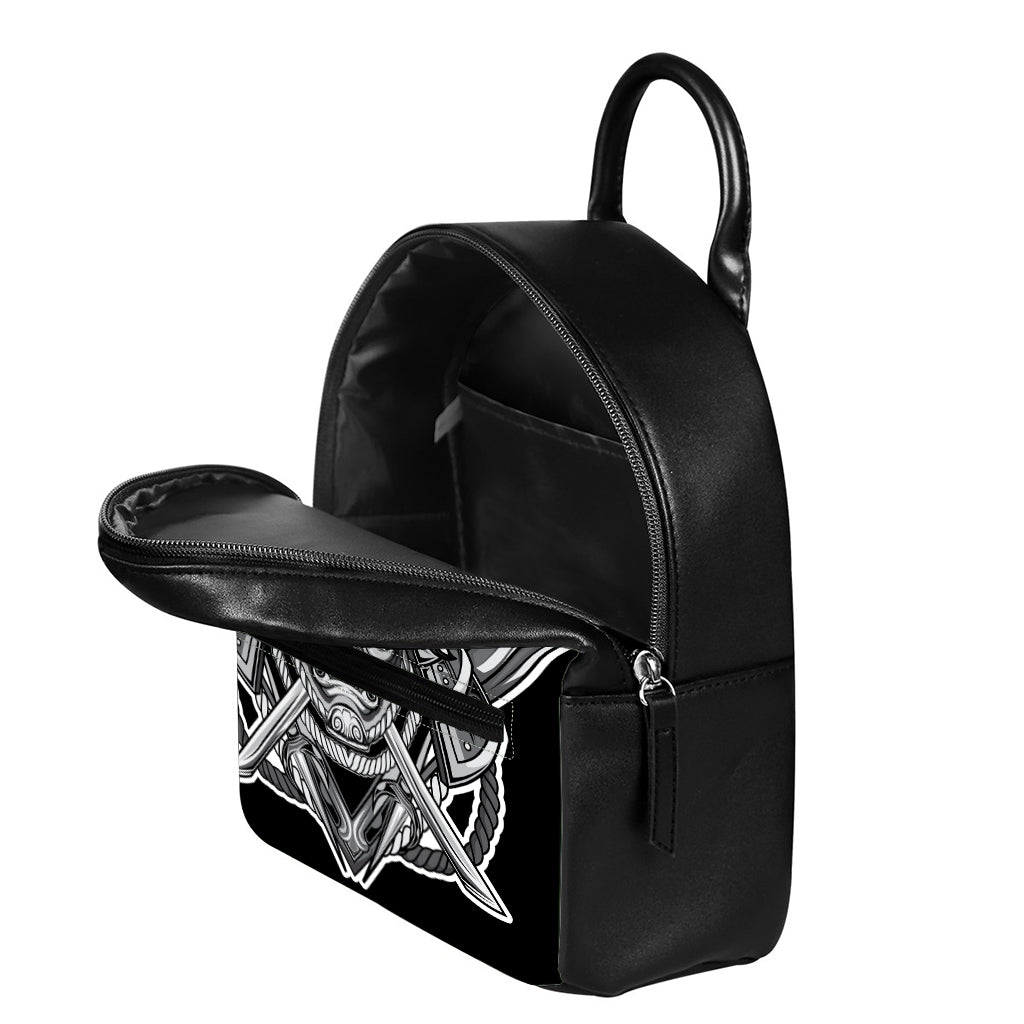 Silver Samurai Mask Print Leather Backpack