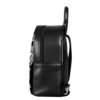 Silver Samurai Mask Print Leather Backpack