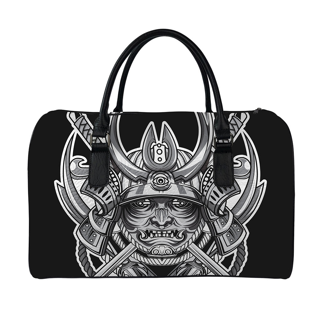 Silver Samurai Mask Print Leather Duffle Bag