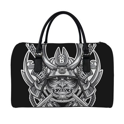 Silver Samurai Mask Print Leather Duffle Bag
