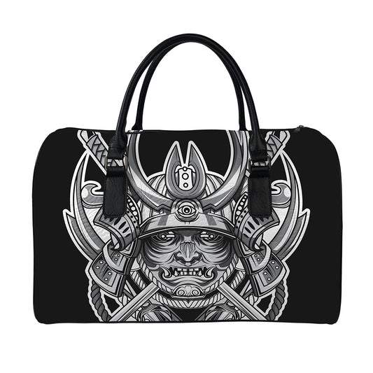 Silver Samurai Mask Print Leather Duffle Bag