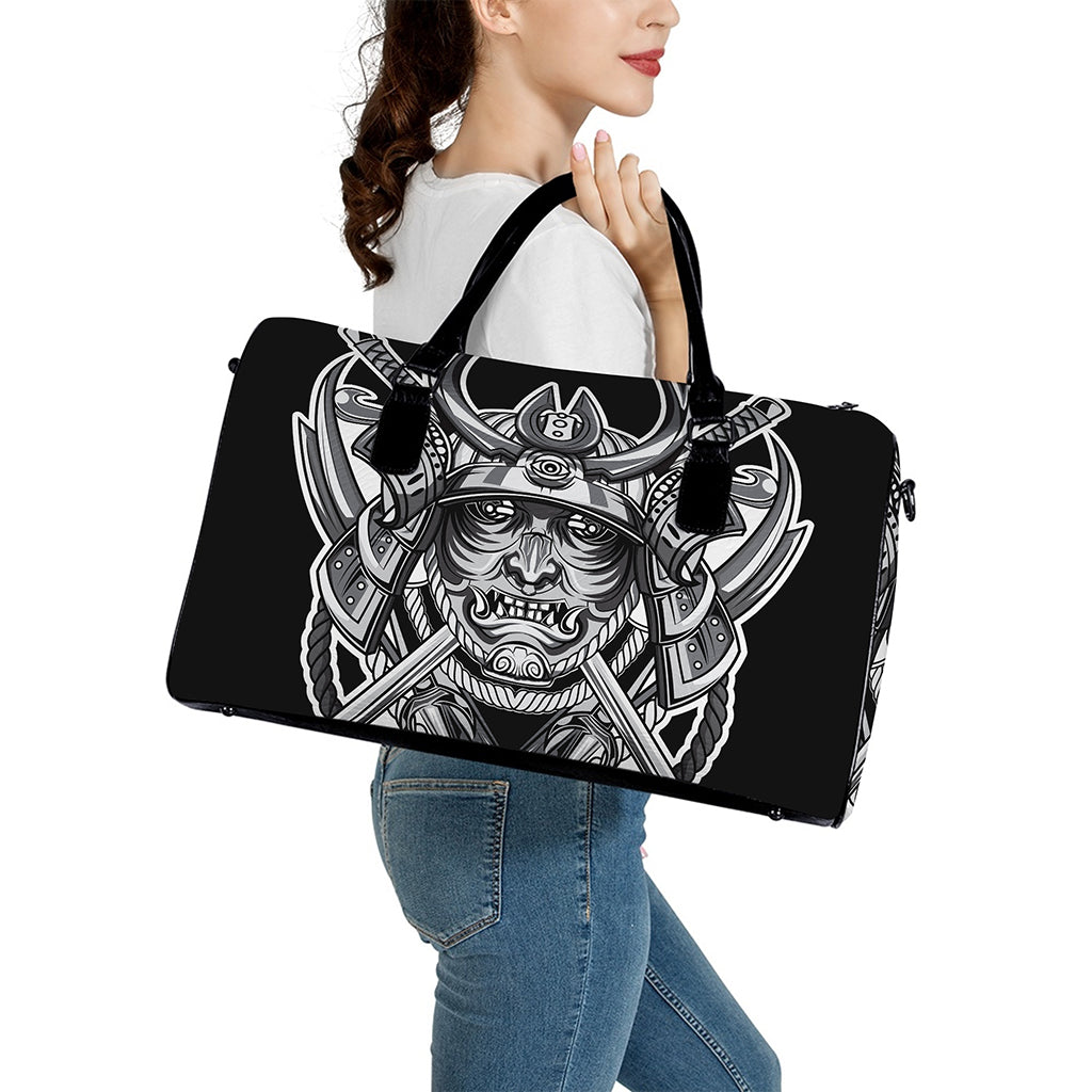Silver Samurai Mask Print Leather Duffle Bag