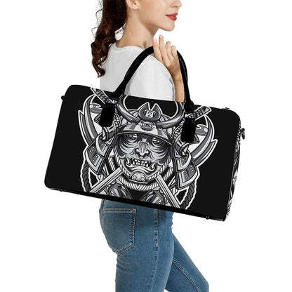 Silver Samurai Mask Print Leather Duffle Bag