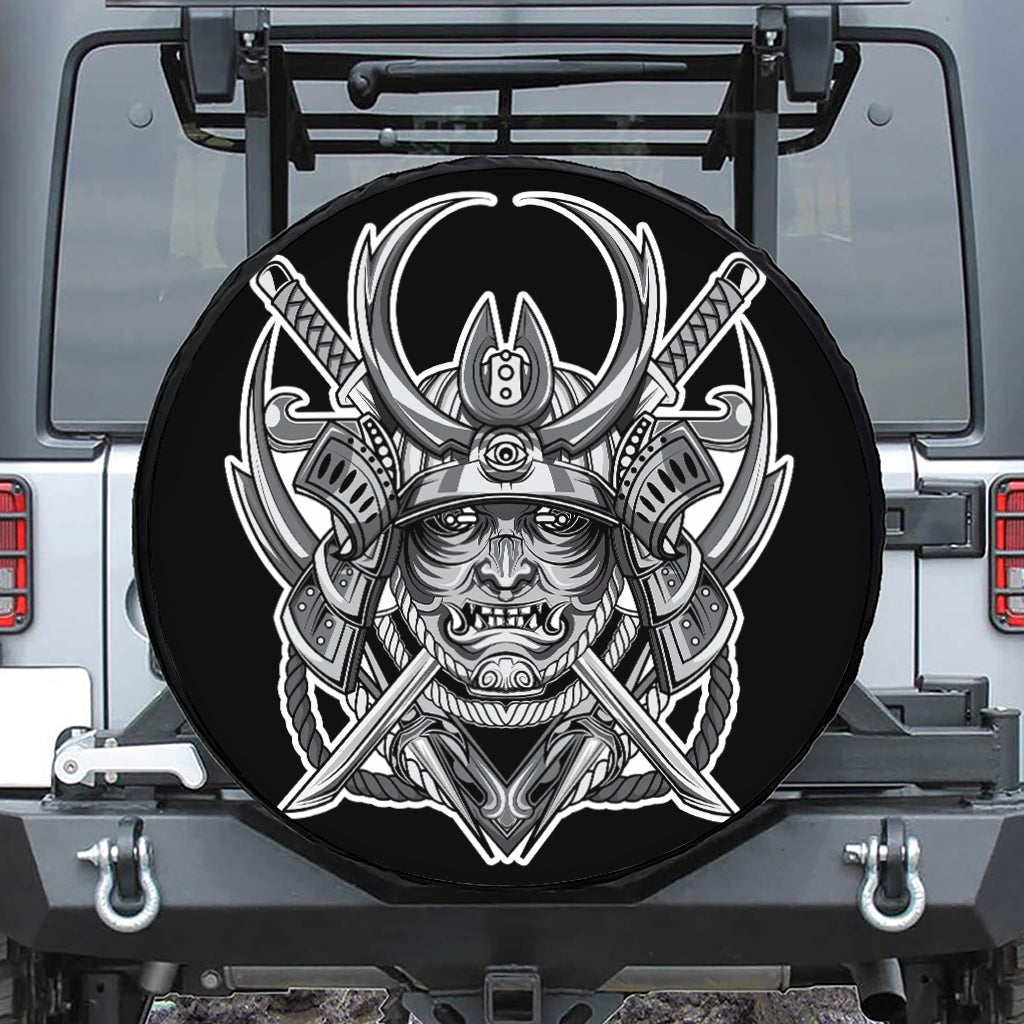 Silver Samurai Mask Print Leather Spare Tire Cover