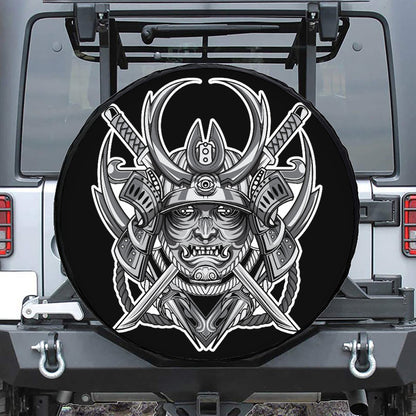 Silver Samurai Mask Print Leather Spare Tire Cover