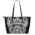 Silver Samurai Mask Print Leather Tote Bag With Zipper