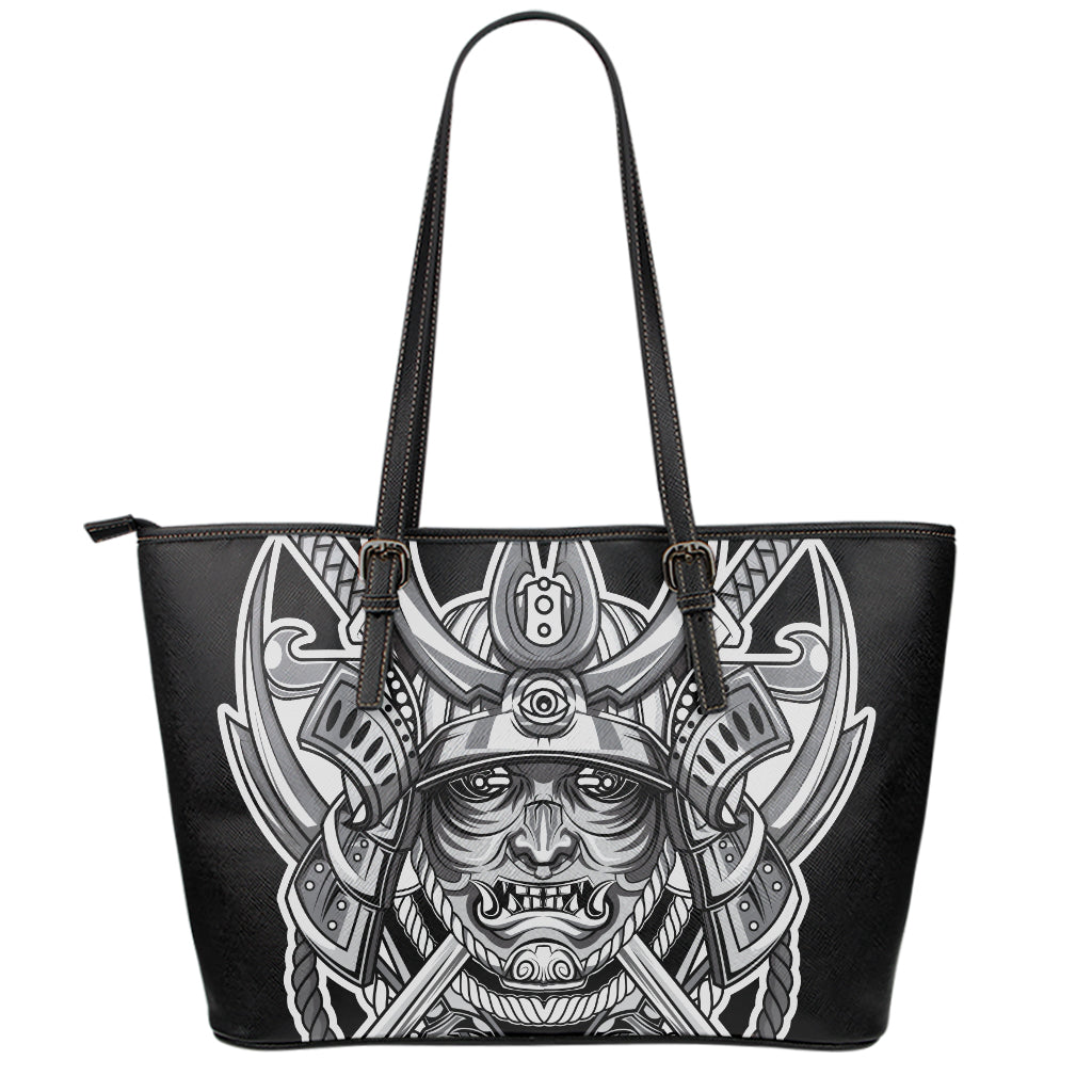 Silver Samurai Mask Print Leather Tote Bag
