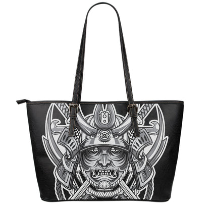Silver Samurai Mask Print Leather Tote Bag
