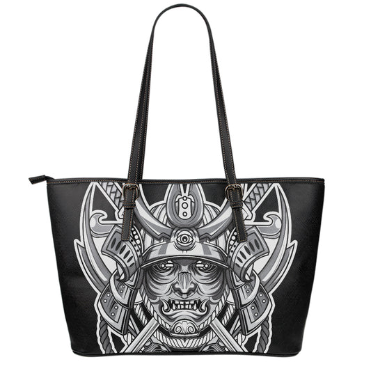 Silver Samurai Mask Print Leather Tote Bag