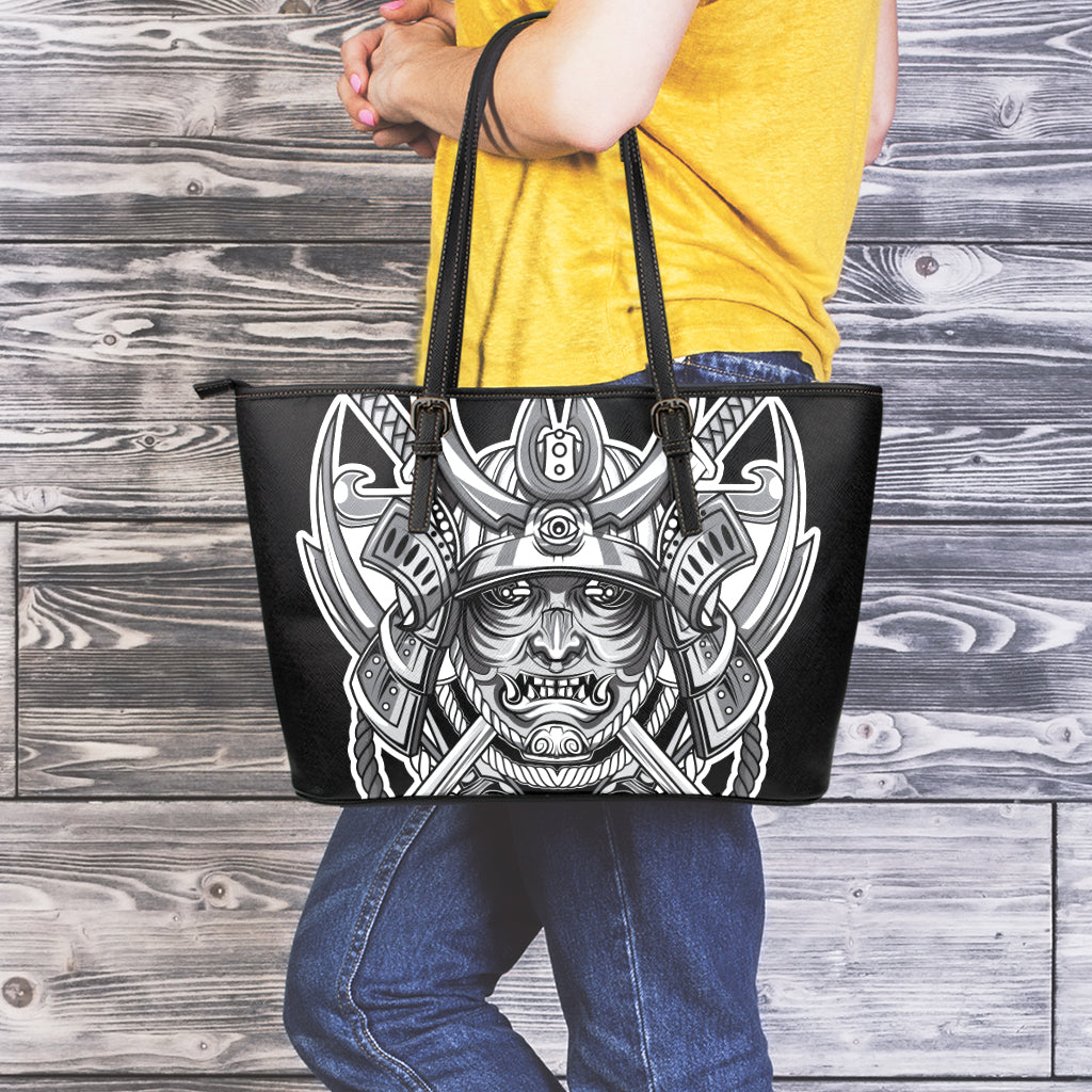 Silver Samurai Mask Print Leather Tote Bag