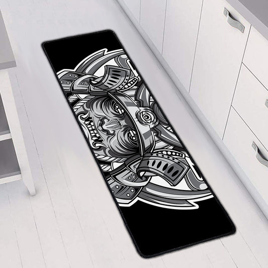 Silver Samurai Mask Print Long Kitchen Mat