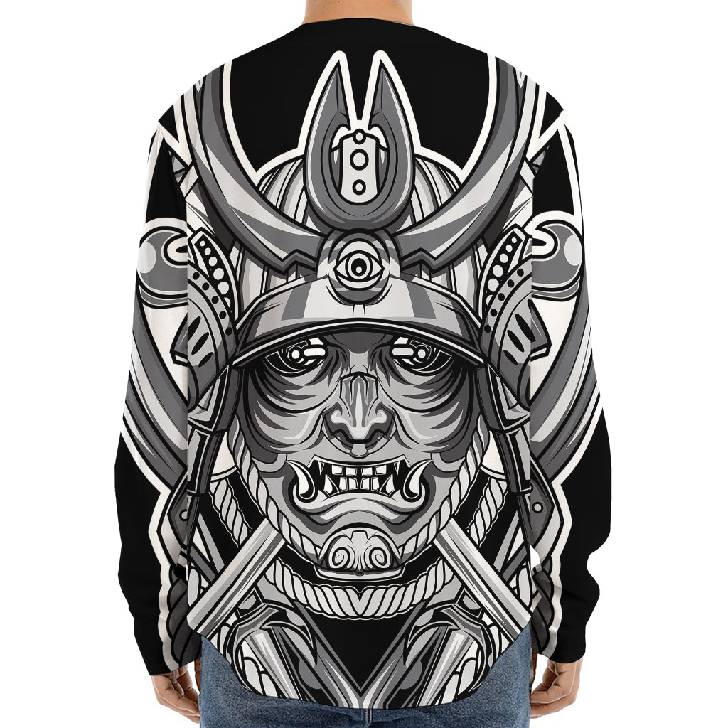 Silver Samurai Mask Print Long Sleeve Baseball Jersey