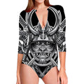 Silver Samurai Mask Print Long Sleeve Swimsuit