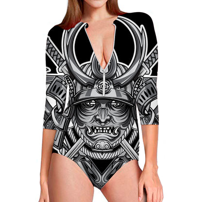 Silver Samurai Mask Print Long Sleeve Swimsuit