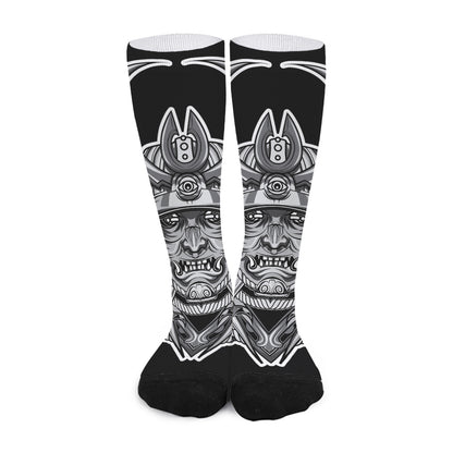 Silver Samurai Mask Print Long Socks