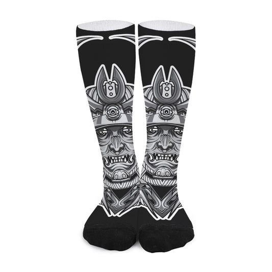 Silver Samurai Mask Print Long Socks