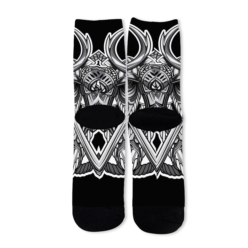 Silver Samurai Mask Print Long Socks