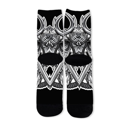 Silver Samurai Mask Print Long Socks