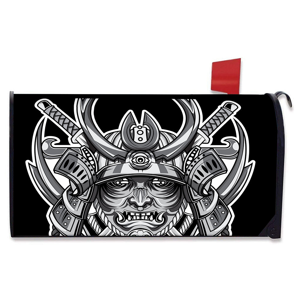Silver Samurai Mask Print Mailbox Cover