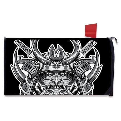 Silver Samurai Mask Print Mailbox Cover