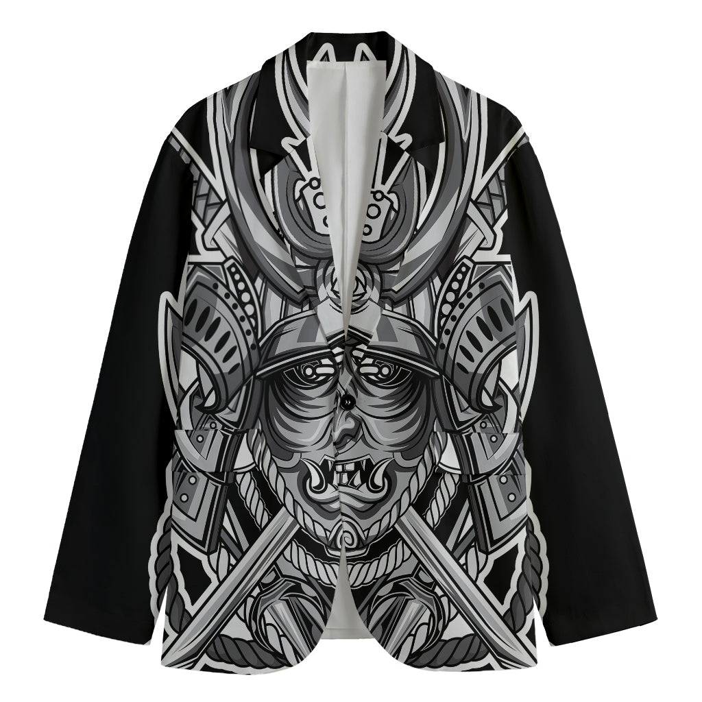Silver Samurai Mask Print Men's Cotton Blazer