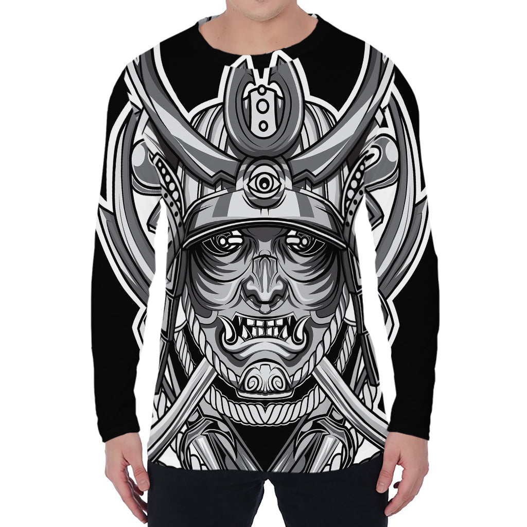 Silver Samurai Mask Print Men's Long Sleeve T-Shirt