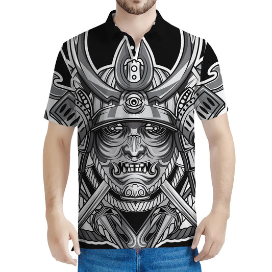 Silver Samurai Mask Print Men's Polo Shirt