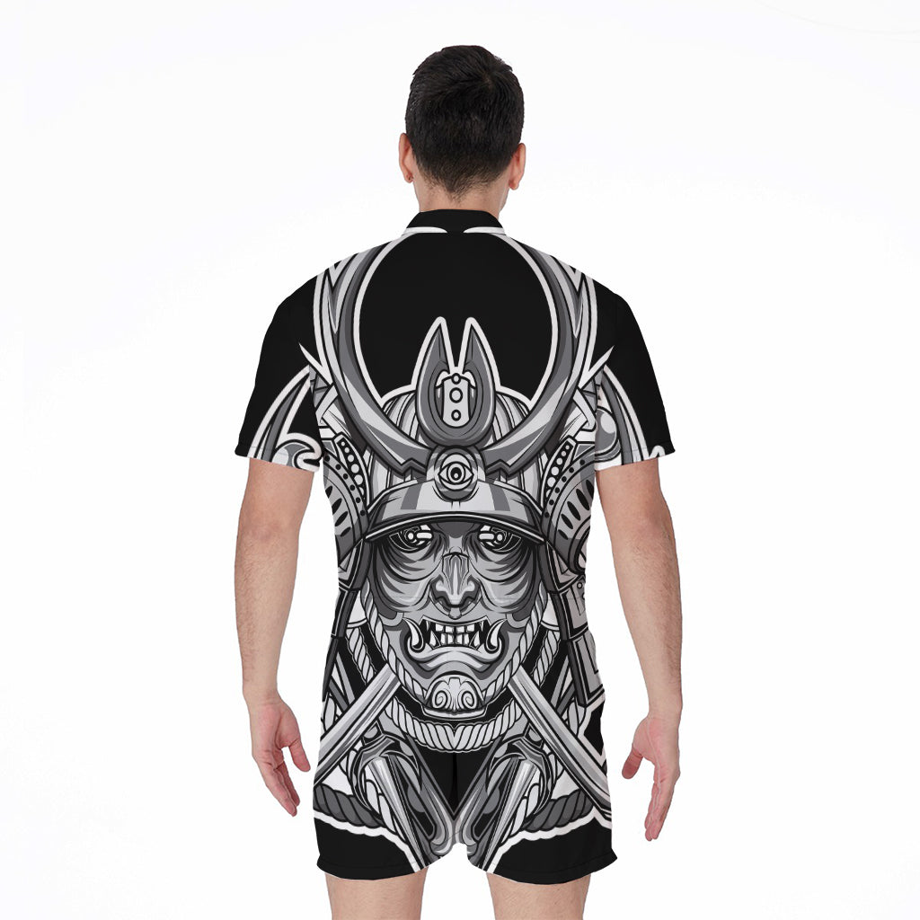 Silver Samurai Mask Print Men's Rompers