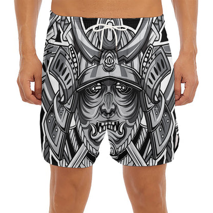 Silver Samurai Mask Print Men's Split Running Shorts