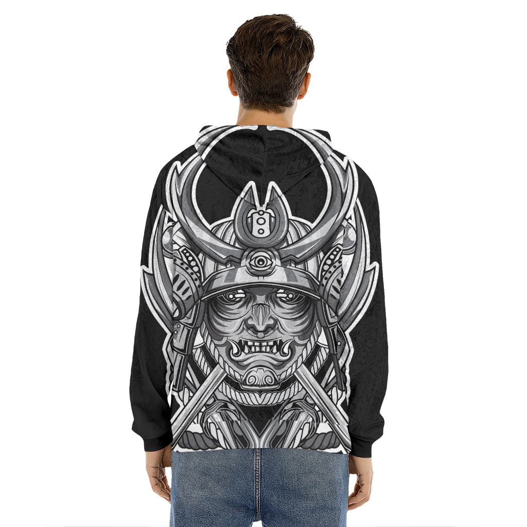 Silver Samurai Mask Print Men's Velvet Pullover Hoodie