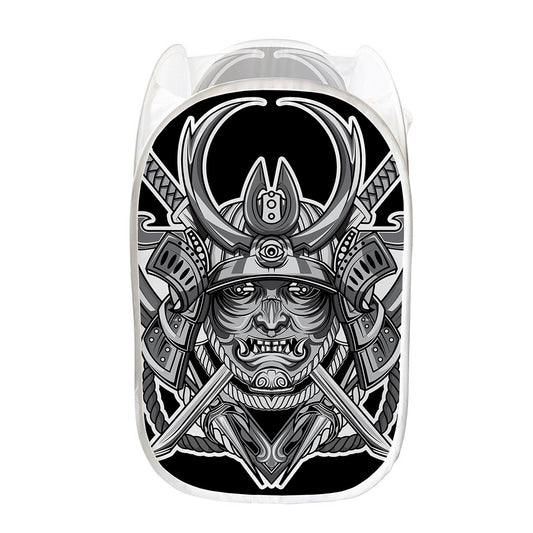 Silver Samurai Mask Print Mesh Laundry Hamper
