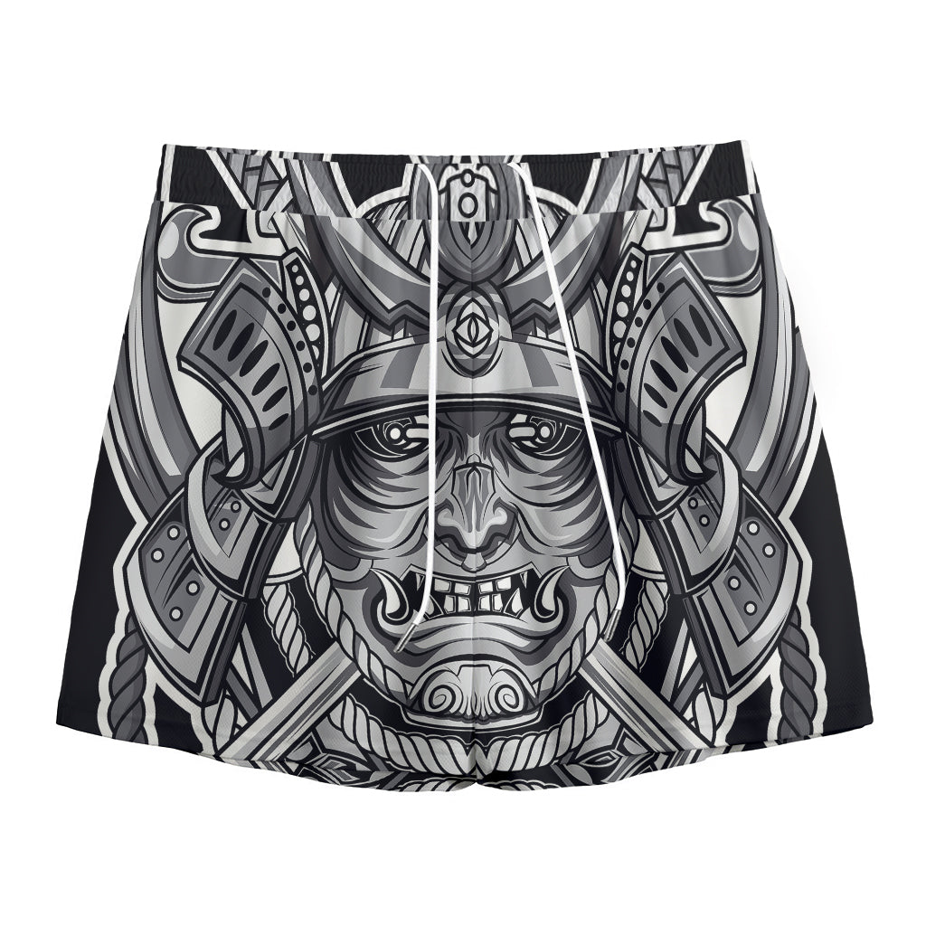Silver Samurai Mask Print Mesh Shorts