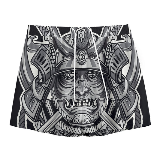 Silver Samurai Mask Print Mesh Shorts