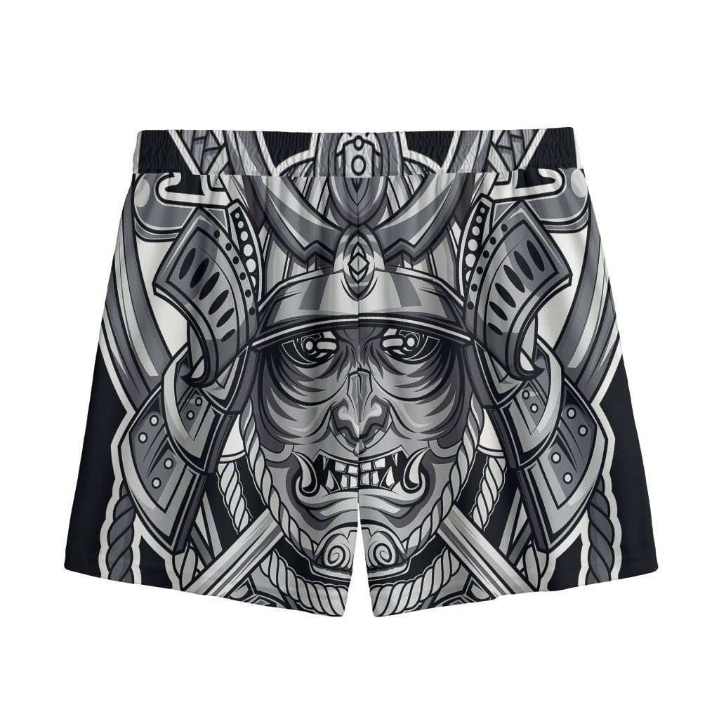 Silver Samurai Mask Print Mesh Shorts