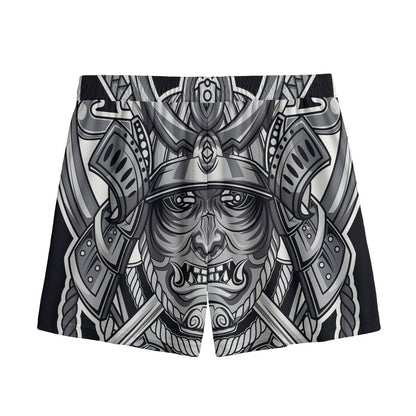 Silver Samurai Mask Print Mesh Shorts