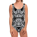 Silver Samurai Mask Print One Piece Swimsuit