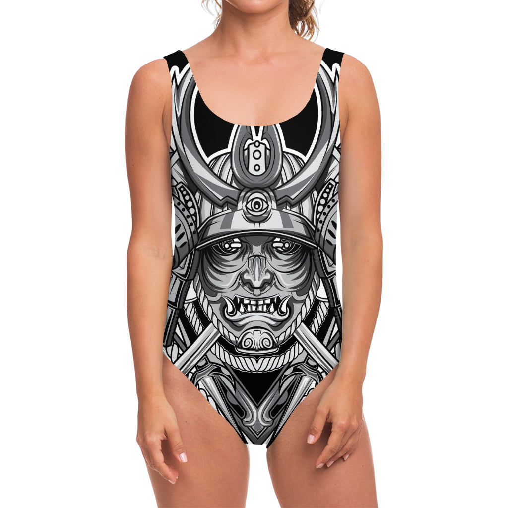 Silver Samurai Mask Print One Piece Swimsuit