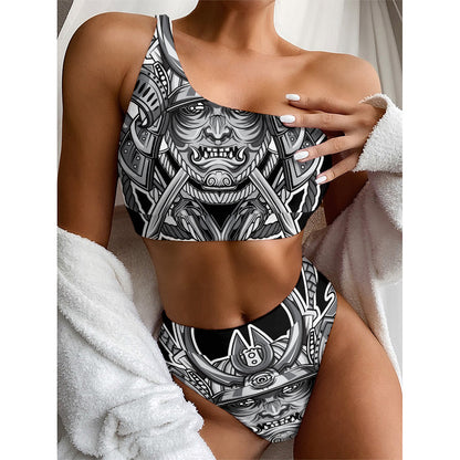 Silver Samurai Mask Print One Shoulder Bikini Top