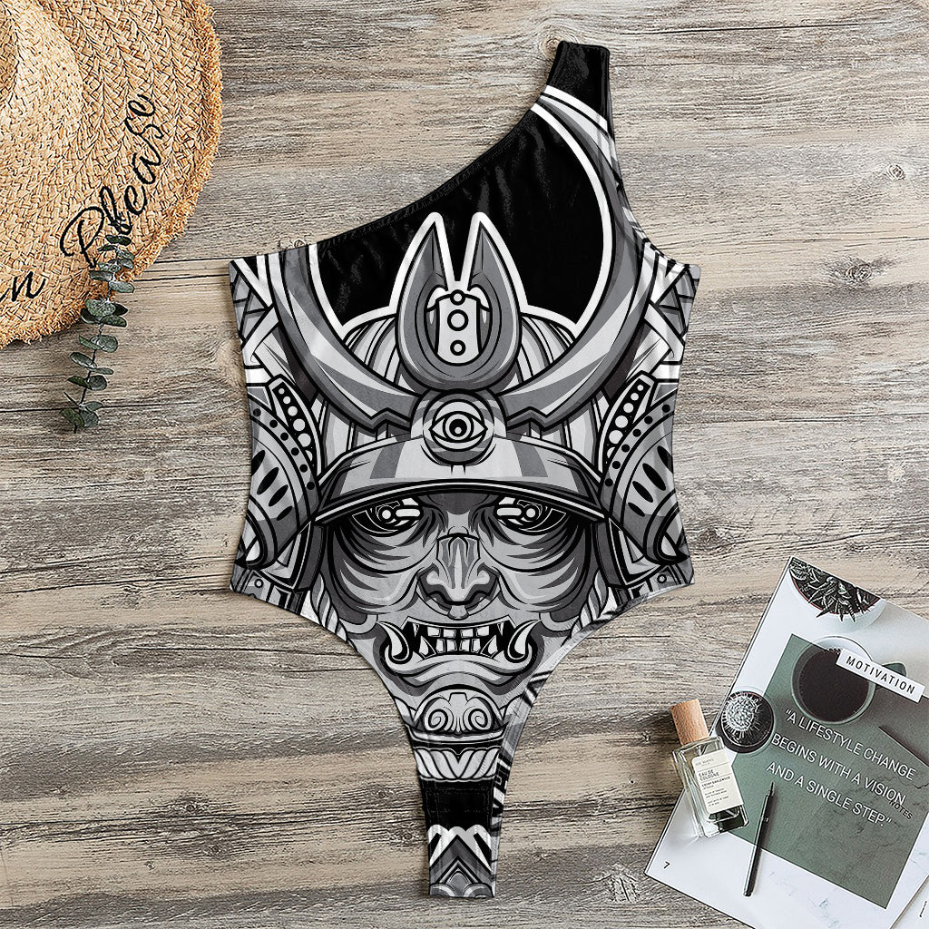 Silver Samurai Mask Print One Shoulder Bodysuit