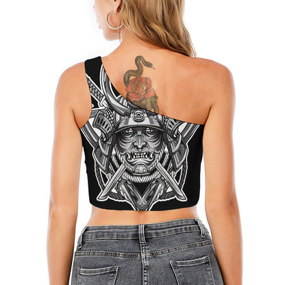 Silver Samurai Mask Print One Shoulder Crop Top