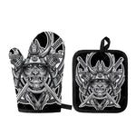 Silver Samurai Mask Print Oven Mitt And Pot Holder Set