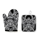 Silver Samurai Mask Print Oven Mitt And Pot Holder Set