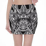 Silver Samurai Mask Print Pencil Mini Skirt