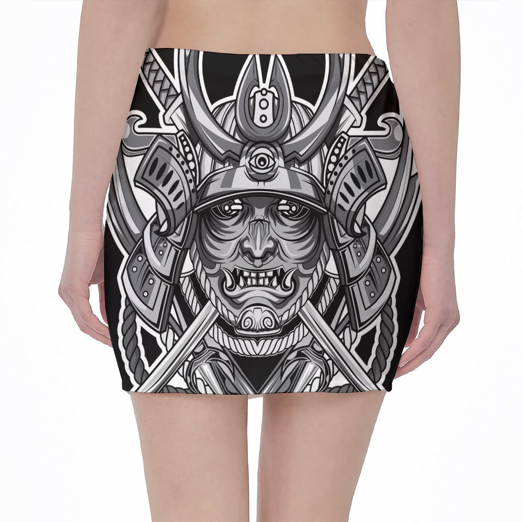 Silver Samurai Mask Print Pencil Mini Skirt