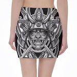 Silver Samurai Mask Print Pencil Mini Skirt